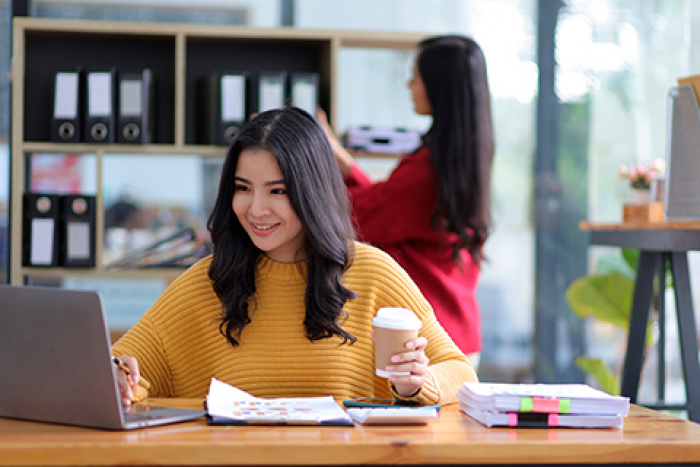 student working in library